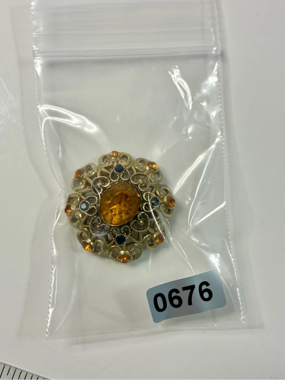 Coro Gold-Tone Heart Shaped Ornate Filigree Brooch with Amber and Black Stones
